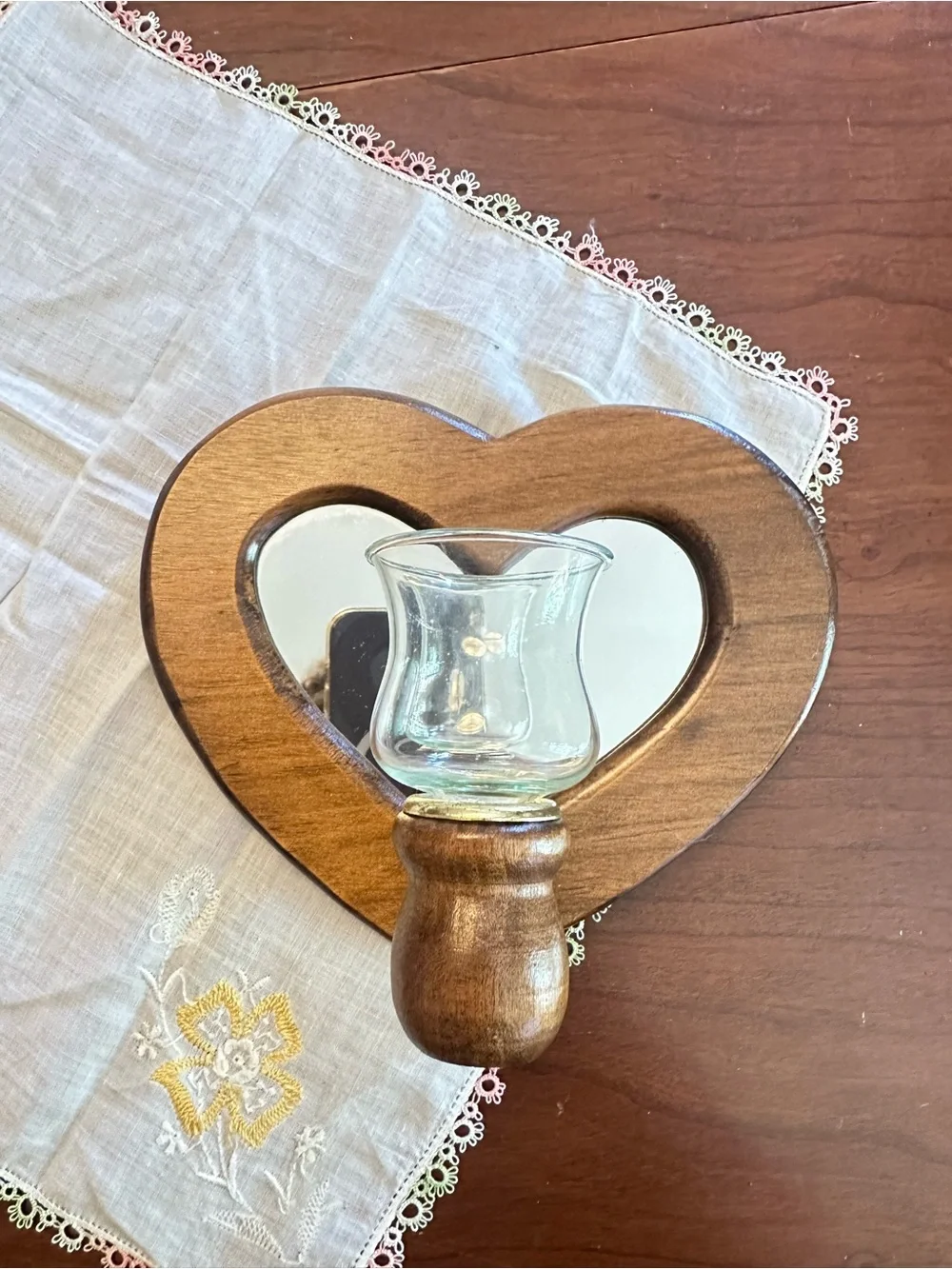 Rustic Heart Wall Sconce Mirror Wood Candle Holder Cottage Decor